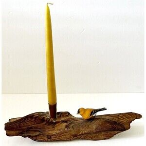 Vintage Retro Driftwood Taper Candle Holder Yellow Bird Rustic Country Lodge
